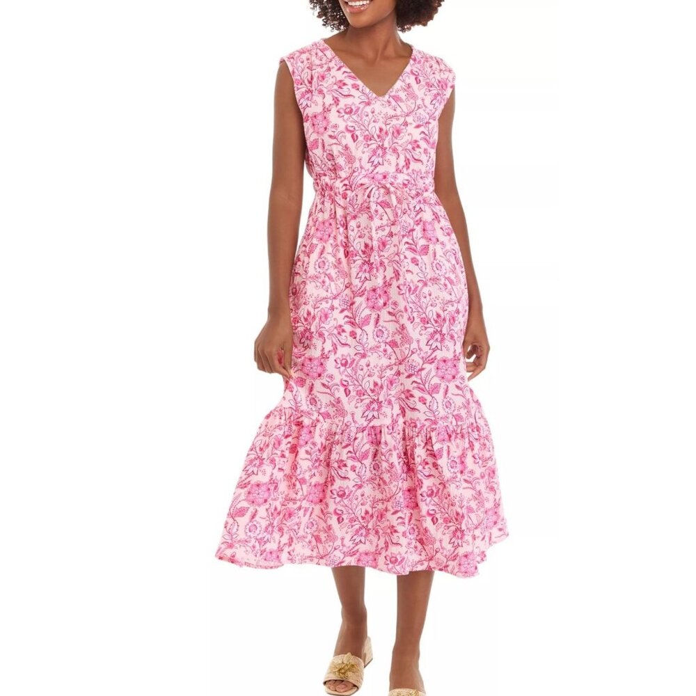 NWT Pink Floral Summer V-Neck Empire Waist Dress Size Large